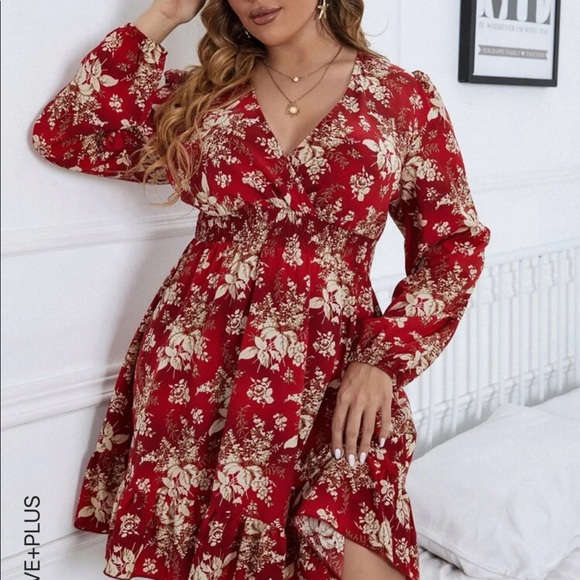 NWT 2XL - Plus Floral Print Lantern Sleeve Shirred Waist Dress - Picture 6 of 8